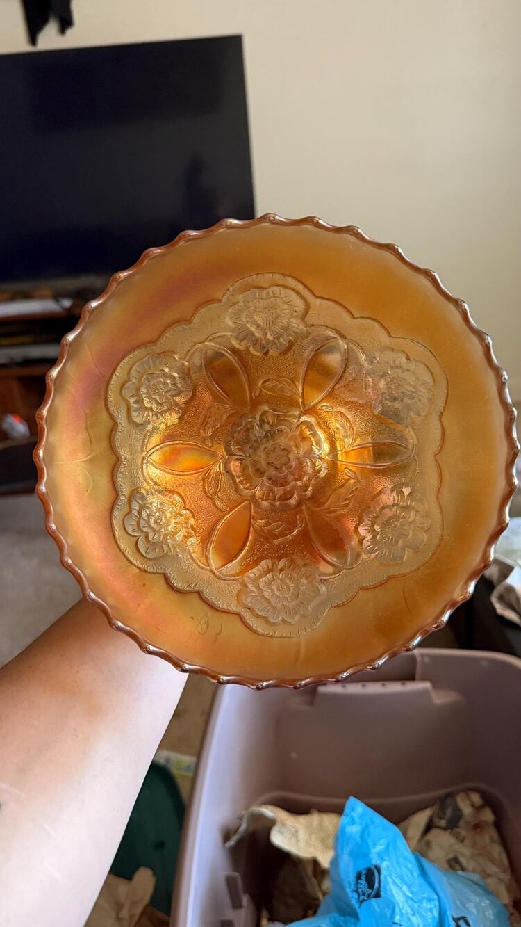 Antique Dugan "Double Stemmed Rose" Marigold Carnival Glass Footed Bowl